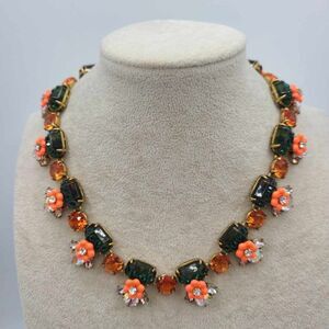 Green Gold Clear Crystal Necklace with Orange Resin Flower Necklace NWOT!